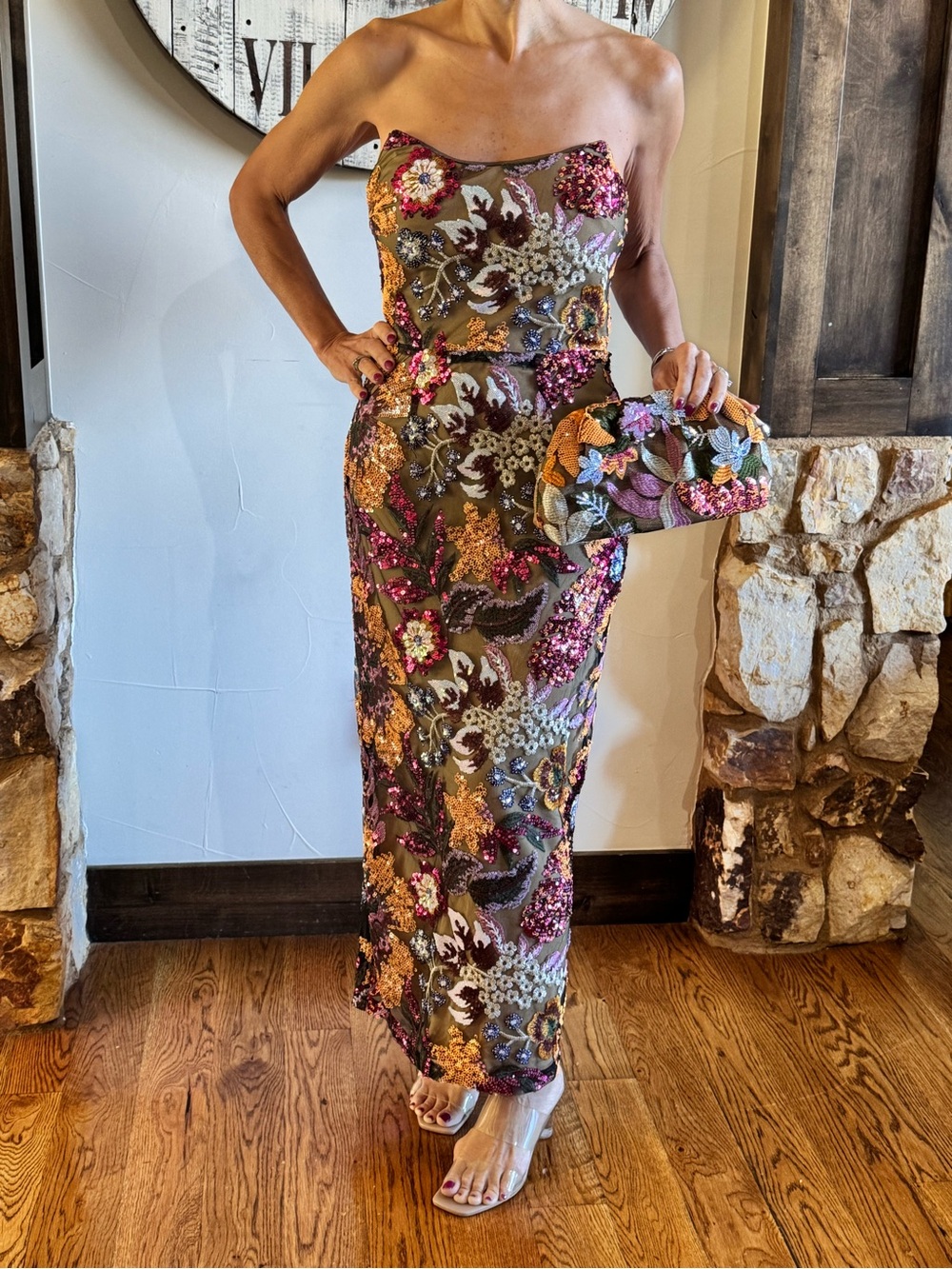 Strapless sequined Floral Evening Dress & matching Clutch